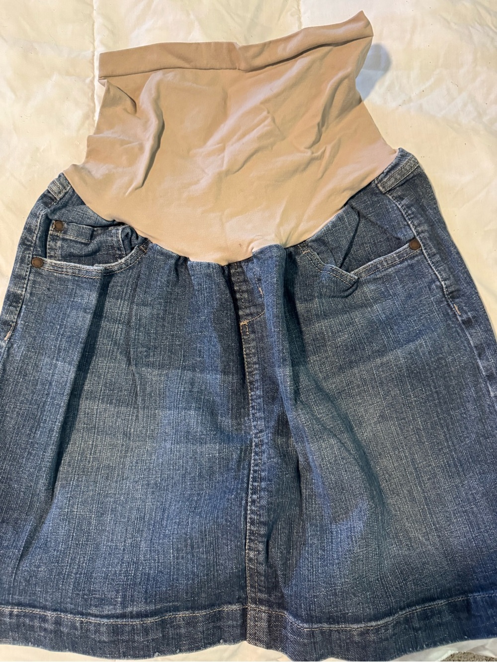 Indigo Denim Maternity Skirt with Beige Stretch Waistband